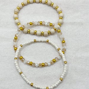 Neutral & Gold Beaded Stretch Bracelet: Stackable Elastic Bracelet