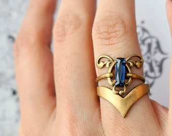 vintage gold art nouveau blue sapphire stone cocktail ring, promise self love care jewelry gift, light dark academia, for moms birthday
