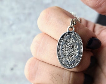 vintage antique silver witchy pendant cottagecore light dark academia necklace, delicate floral pendant, heirloom accessory, under 50 gift