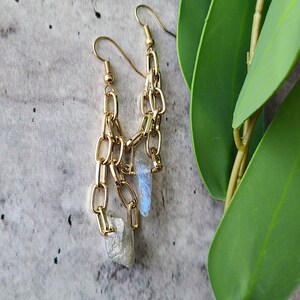 gold aura quartz chunky dangle raw gemstone earrings, druzy geode bridesmaid gift light academia cottagecore romantic boho bohemian jewelry, image 1