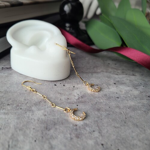 Crescent moon statement earrings dangle delicate drop long gold dangling gift for women dainty celestial earrings dark academia jewelry shops