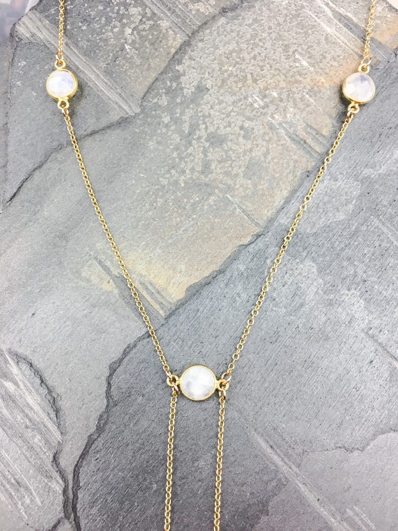 moonstone lariat necklace gold drop rainbow moonstone necklace moonstone gold necklace drop layered gold necklaces for women image 2