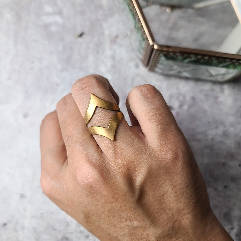 vintage brass simple minimalist thick gold band ring, curved wedding, v shaped chevron ring, edgy stacking jewelry, adjustable boho jewelry image 2