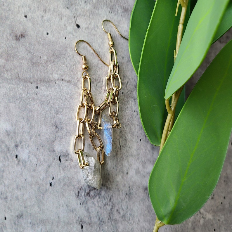 gold aura quartz chunky dangle raw gemstone earrings, druzy geode bridesmaid gift light academia cottagecore romantic boho bohemian jewelry, image 1