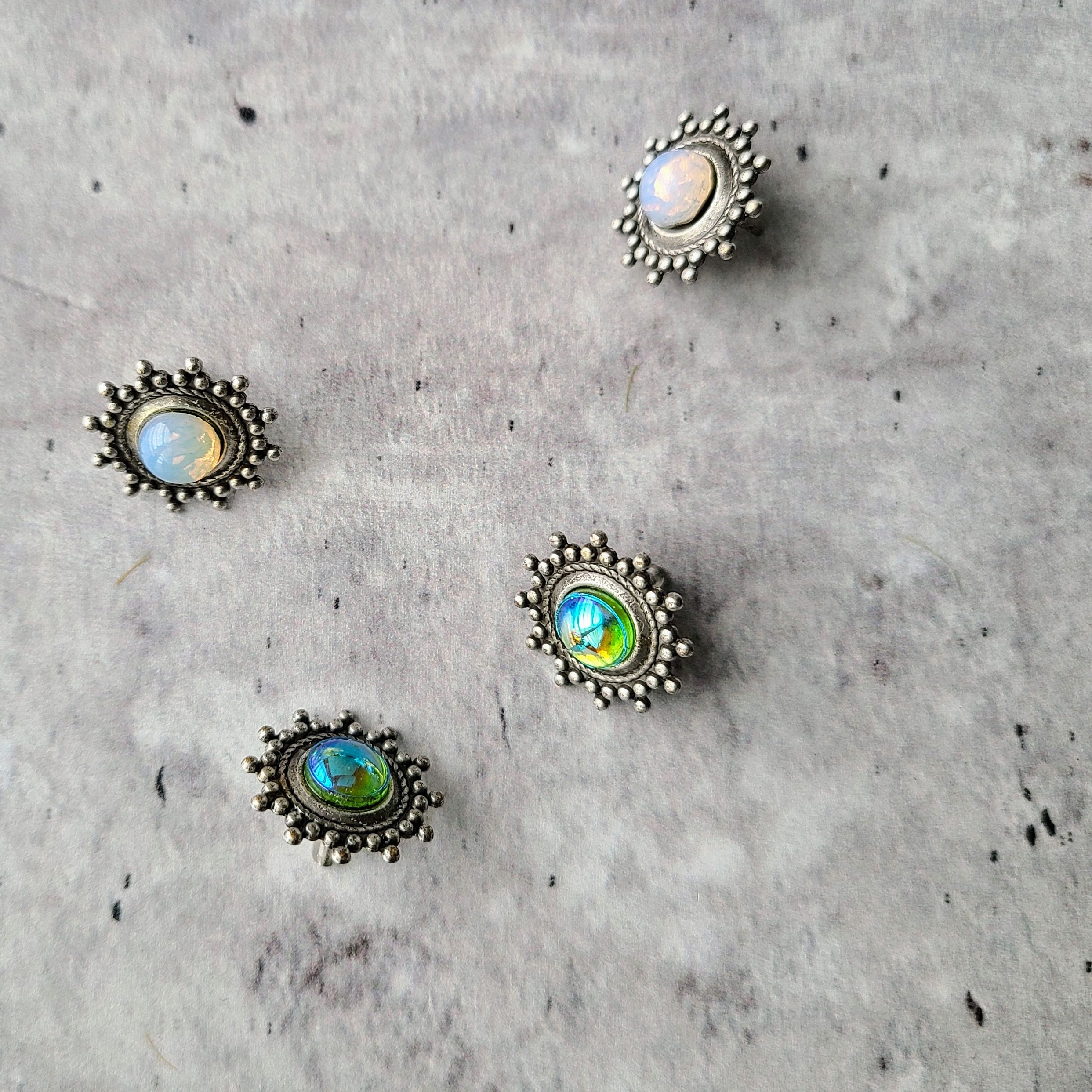 Silver boho stud earring set, glass opal accessories, simple dainty