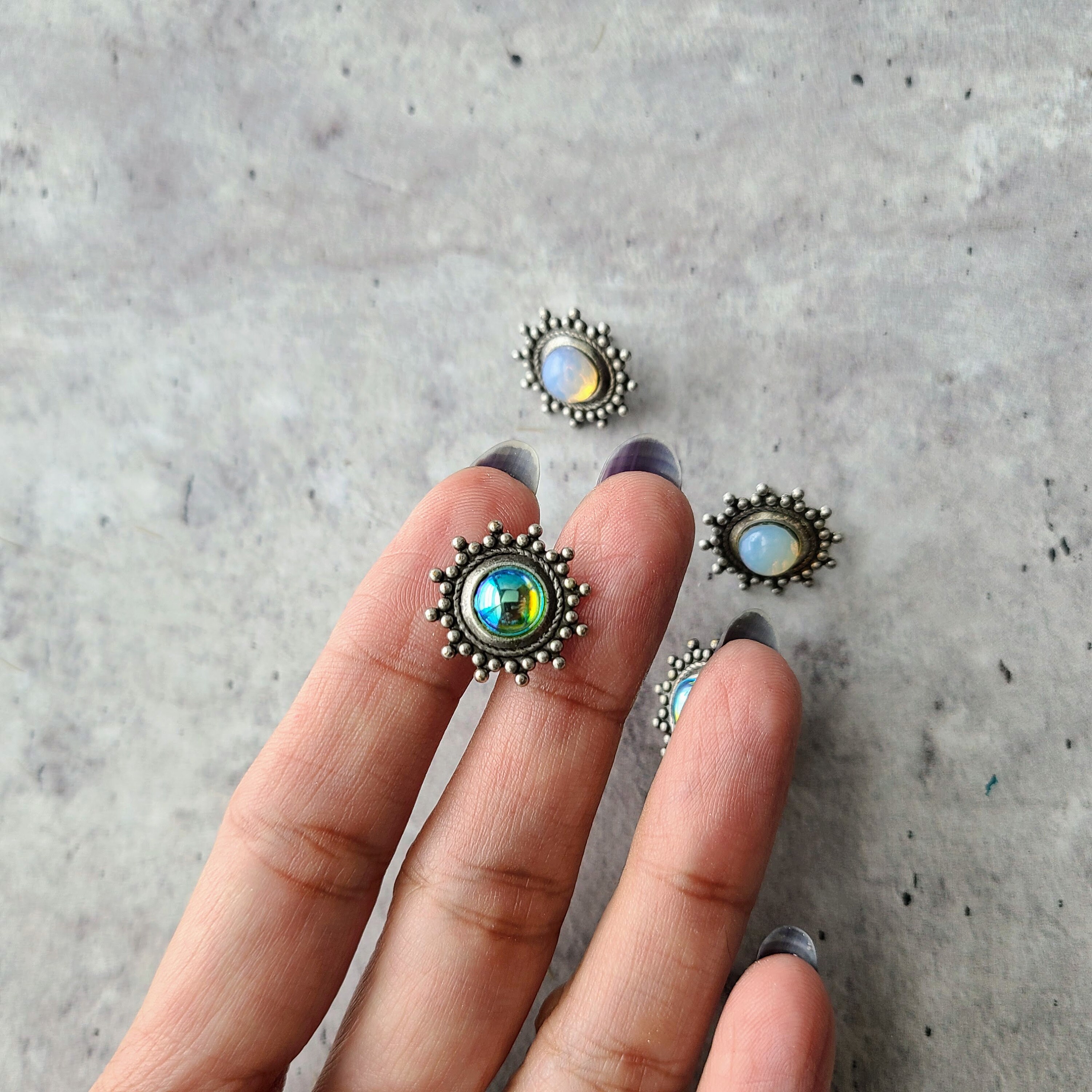 Silver boho stud earring set glass opal accessories simple Etsy.de