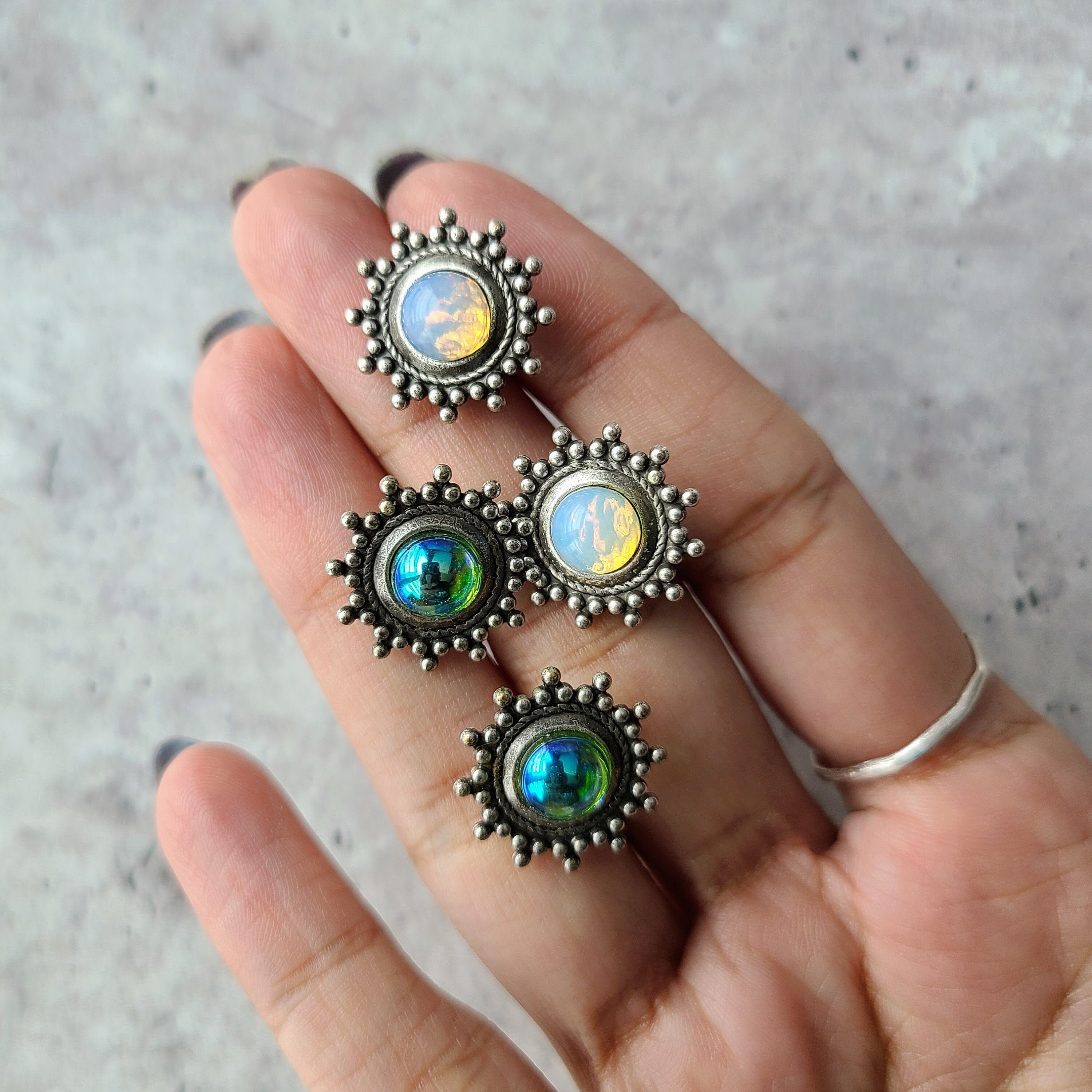 Silver boho stud earring set glass opal accessories simple Etsy.de