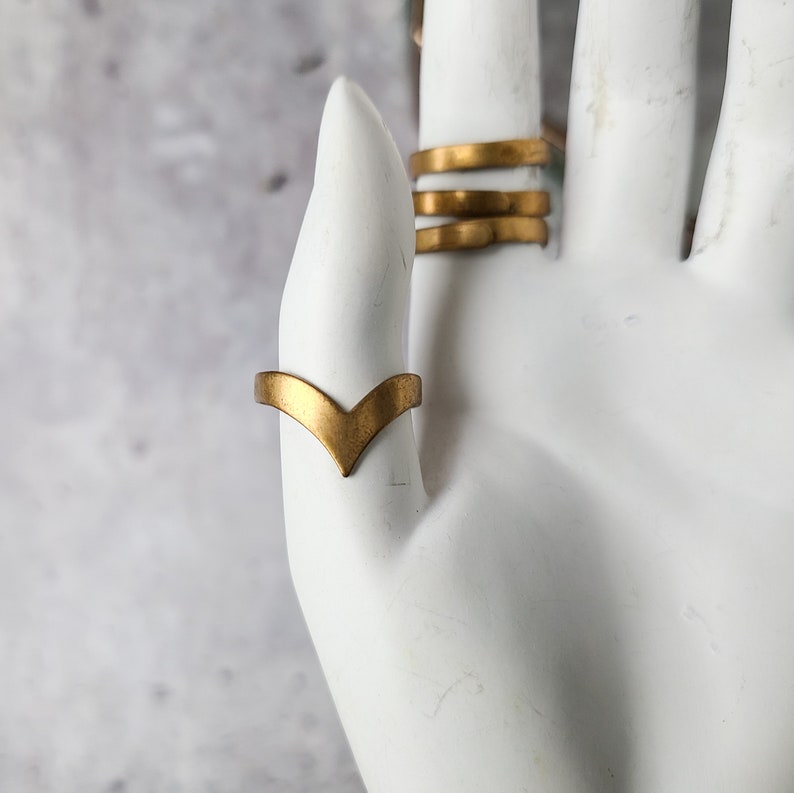 vintage brass simple minimalist thick gold band ring, curved wedding, v shaped chevron ring, edgy stacking jewelry, adjustable boho jewelry image 1