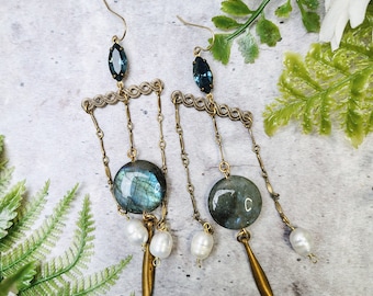 vintage sparkly gemstone pearl statement mobile kinetic duster earrings, witchy Stevie Florence Welch, maximalist cocktail black tie jewelry