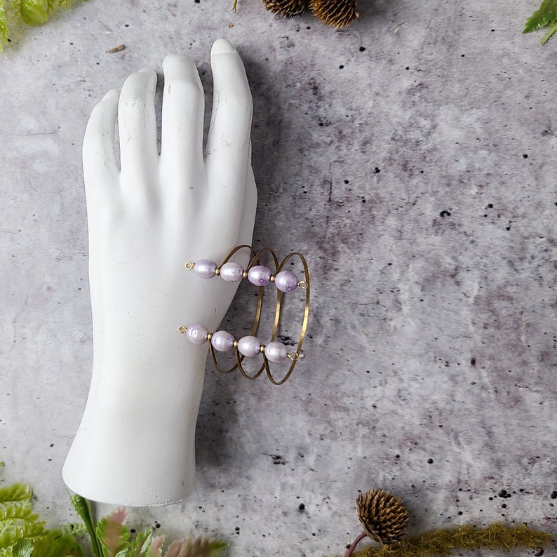 vintage baroque pearl adjustable gold cuff, alternative sculptural statement bracelet, dark academia, plus size bridal jewelry for men women image 3