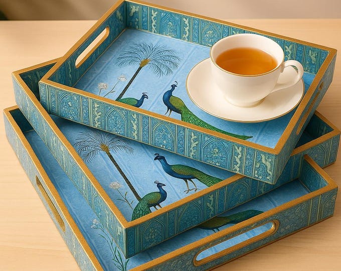 Featured listing image: Decorative Wooden Serving Trays Set, Peacock Paradise Design with Gold Trim