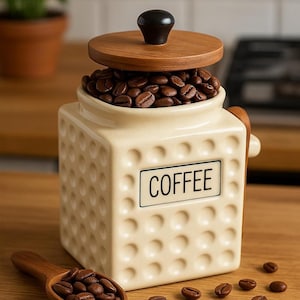 Recipiente de cerámica para café con tapa de madera y cuchara