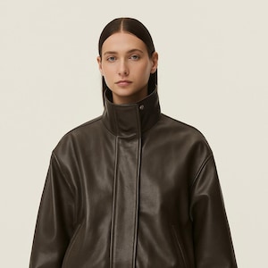 Women’s Brown Sheep Leather Bomber Jacket – High Collar Vintage Style