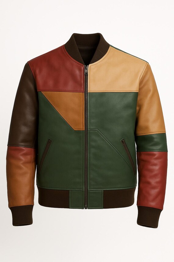 Handmade Patchwork Leather Bomber Jacket: Vintage Style Retro 