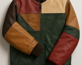 ジャケット・アウター Handmade Patchwork Leather Bomber Men's Patchwork Genuine Leather Bomber Jacket: Handmade