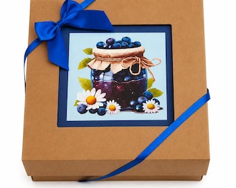 Caja de regalo de spa azul oscuro con arándanos: pendientes hechos a mano, bomba de baño, toalla y mascarillas.