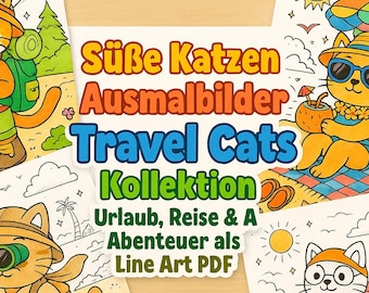 12 Holiday Cat Coloring Pages for Kids – Summer Cat Adventures as PDF to Print (DIN A4)