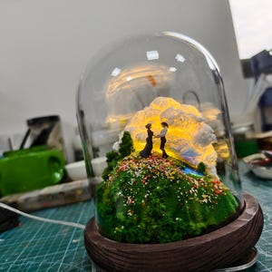 May include: A miniature diorama under a glass dome, featuring a couple standing on a green, mossy hill with colourful flowers. A glowing cloud-like structure provides a warm backdrop. The base is a dark wooden circle.