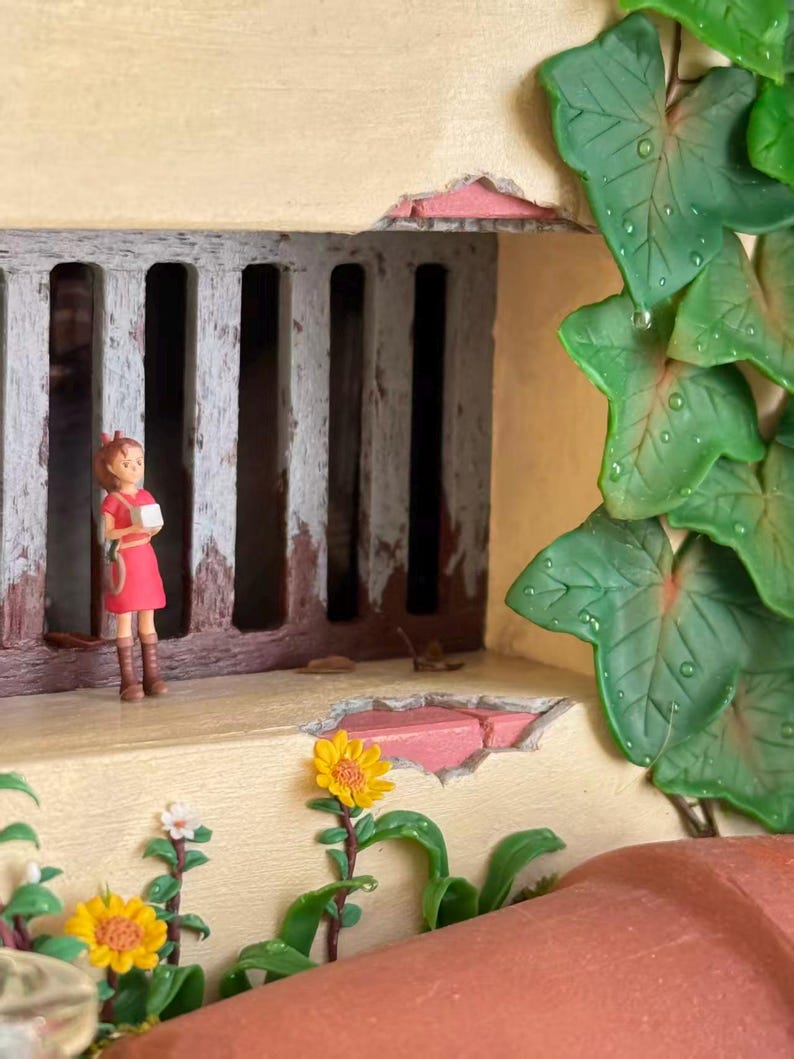 Arrietty Diorama Miniature Secret World Night Light Box, Ghibli Inspired Garden Scene image 2