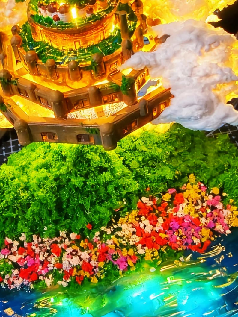 May include: A detailed miniature castle with illuminated windows and a surrounding landscape. The castle is brown with green accents, set against a backdrop of green foliage, colorful flowers, and a blue water feature. White fluffy clouds are also present.