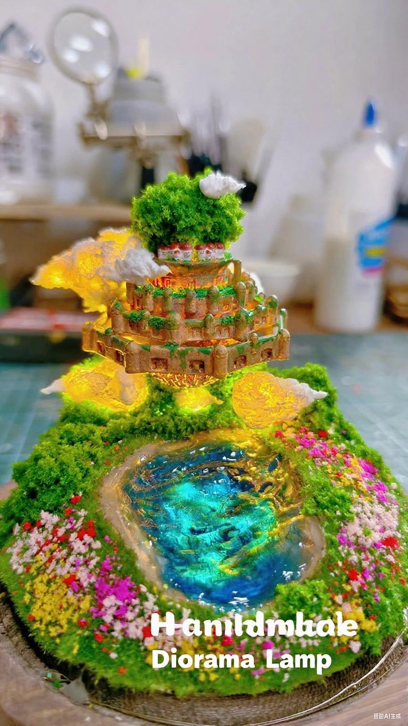 May include: A miniature diorama lamp featuring a tiered structure with a green, mossy base, a blue pond, and colorful flowers. The structure has a castle-like appearance with a green tree on top. The text "Hanildmbole Diorama Lamp" is visible.