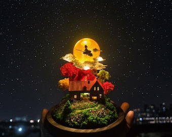 Flying Witch Night Light, Starry Sky Moon Lamp Diorama, Whimsical Decor, Resin Art Piece