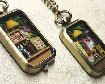Handmade Miniature Diorama Necklace, Tiny Book Nook, Cottagecore Locket