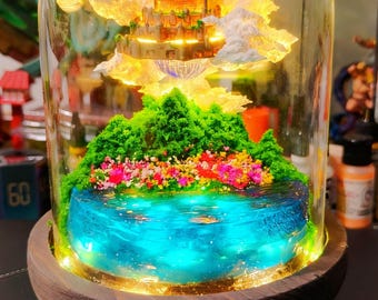 Lámpara diorama del Castillo de Laputa: Luz fantástica de Studio Ghibli en cúpula de cristal
