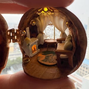 Può includere: Un diorama in miniatura dettagliato di una stanza accogliente all'interno di un guscio di noce. L'interno presenta un camino, mobili, un tappeto e una finestra con tende. La scena è illuminata da un piccolo apparecchio di illuminazione, creando un'atmosfera calda e invitante.