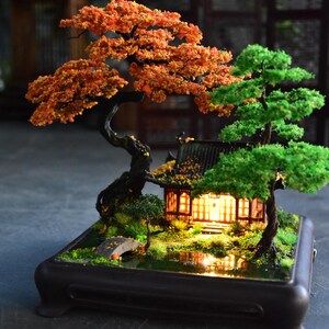 Lighted Chinese Miniature Bonsai Garden | Autumn Maple & Cottage ...