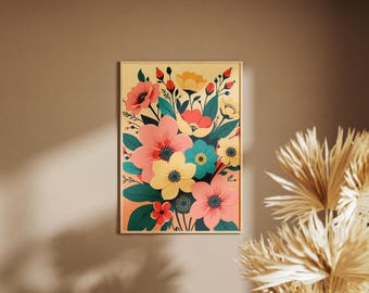 May include: A framed floral art print featuring a bouquet of stylized flowers in shades of pink, yellow, and teal, set against a cream background. The artwork is in a wooden frame, creating a decorative wall hanging.