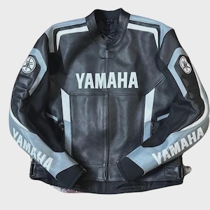 Yamaha Men Racing Jacket Perforated Cowhide Leather Biker Yamaha Zipper Jacket MotoGP Cafe Racer Jacket Best Gift