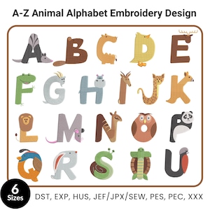 Animal Alphabet Embroidery Designs: A-Z Machine Embroidery Font (Instant Download)