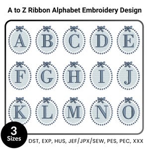 A to Z Ribbon Alphabet Embroidery Design | Floral Bow Monogram Letters Machine Embroidery | Baby Font PES DST VP3 EXP Formats