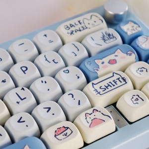 May include: A light blue mechanical keyboard with white keycaps. Some keycaps have black handwritten symbols, while others feature cat illustrations. The "SHIFT" key is labeled, and the "BACK SPACE" key is also labeled.