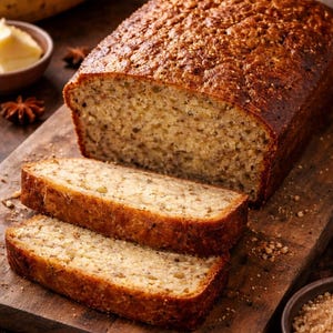Può includere: Una pagnotta di pane alla banana appena sfornato, parzialmente affettata, su un tagliere di legno. Il pane ha una crosta dorata e un interno umido. Banane e burro sullo sfondo, suggeriscono una delizia fatta in casa.