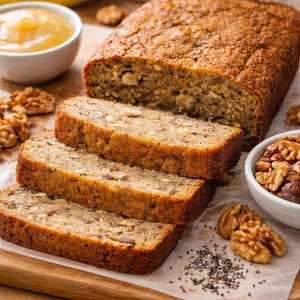 May include: A sliced loaf of low sugar plantain bread, with walnuts and a small bowl of applesauce. The bread is golden brown and has a textured surface. Bananas are in the background. The text reads 'Low Sugar Plantain Bread'.
