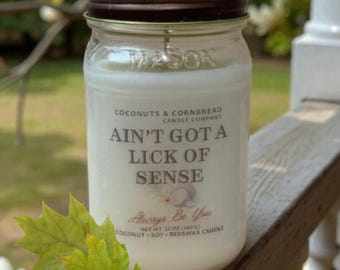 Vela sin perfume "Ain't Got a Lick of Sense" / Citas sureñas / Vela de cera de abejas y coco / Tarro de cristal de 355 ml