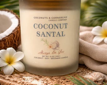 Vela perfumada con coco y sándalo / Cremoso, coco y sándalo / 345 ml de cera de abejas de coco / Vidrio esmerilado / Tapa de bambú