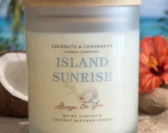 Island Sunrise Tropical Scented Candle | Coconut Beeswax | Frosted Glass, Bamboo Lid 11 oz