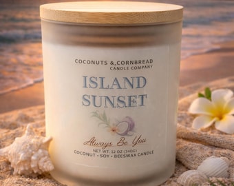 Island Sunset | Coconut Mango Scented Candle | 11 oz Coconut Beeswax | Frosted Glass | Bamboo Lid