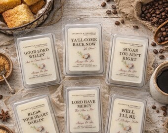 Ceras fundidas de la colección Cornbread / Aromas reconfortantes de panadería / Cera de abejas de soja y coco / Frases sureñas / Fragancia duradera