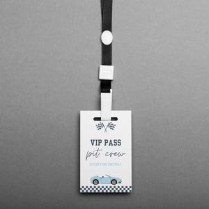VIP-Boxencrew-Pass, Rennwagen-Geburtstag, zwei schnelle Partydekoration, bearbeitbarer sofort anpassbarer Download | Lanyard Pass für Geburtstagsparty