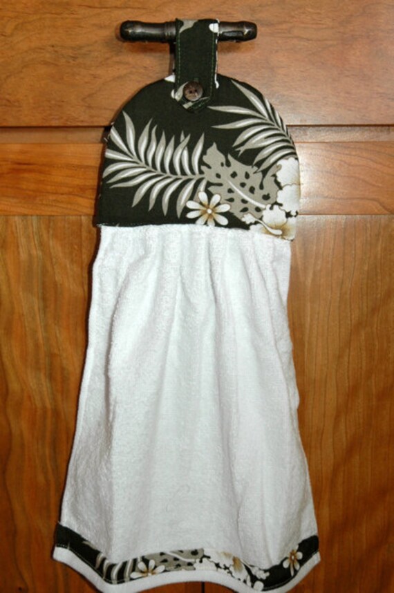 Two Hanging Hand Towels Dark Green Palm Leaf Coconut Button 1 Etsy