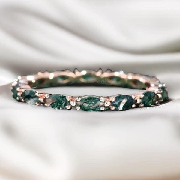 Vintage Moss Agate Wedding Band: White Gold Branch Ring