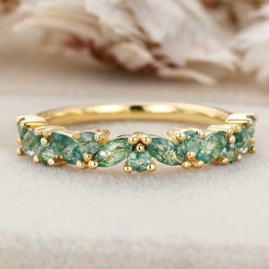Vintage Moss Agate Marquise Ring: 14K Rose Gold Wedding Band
