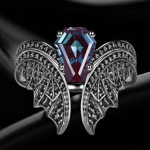 Coffin Shaped Alexandrite Bat Wing Ring Black Gold Alexandrite Engagement Ring Vampire Wing Ring Nebula Wedding Ring Gift For Her