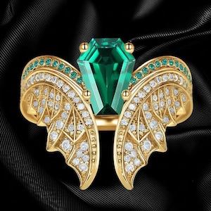 Coffin Lab Emerald Engagement Ring: Gothic Black Gold Bat Bridal Set