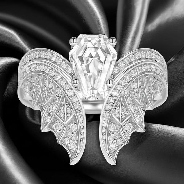 Coffin Moissanite Engagement Ring: Gothic Black Gold Bat Bridal Set