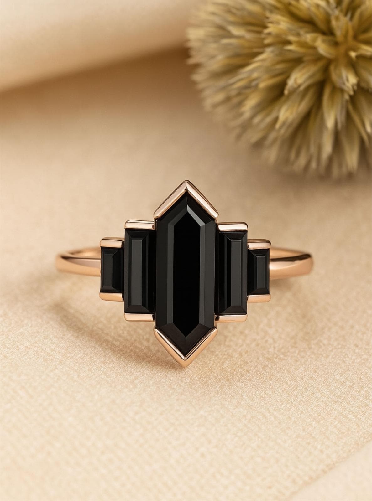 Black Onyx Hexagon Engagement Ring: Rose Gold Art Deco Cluster